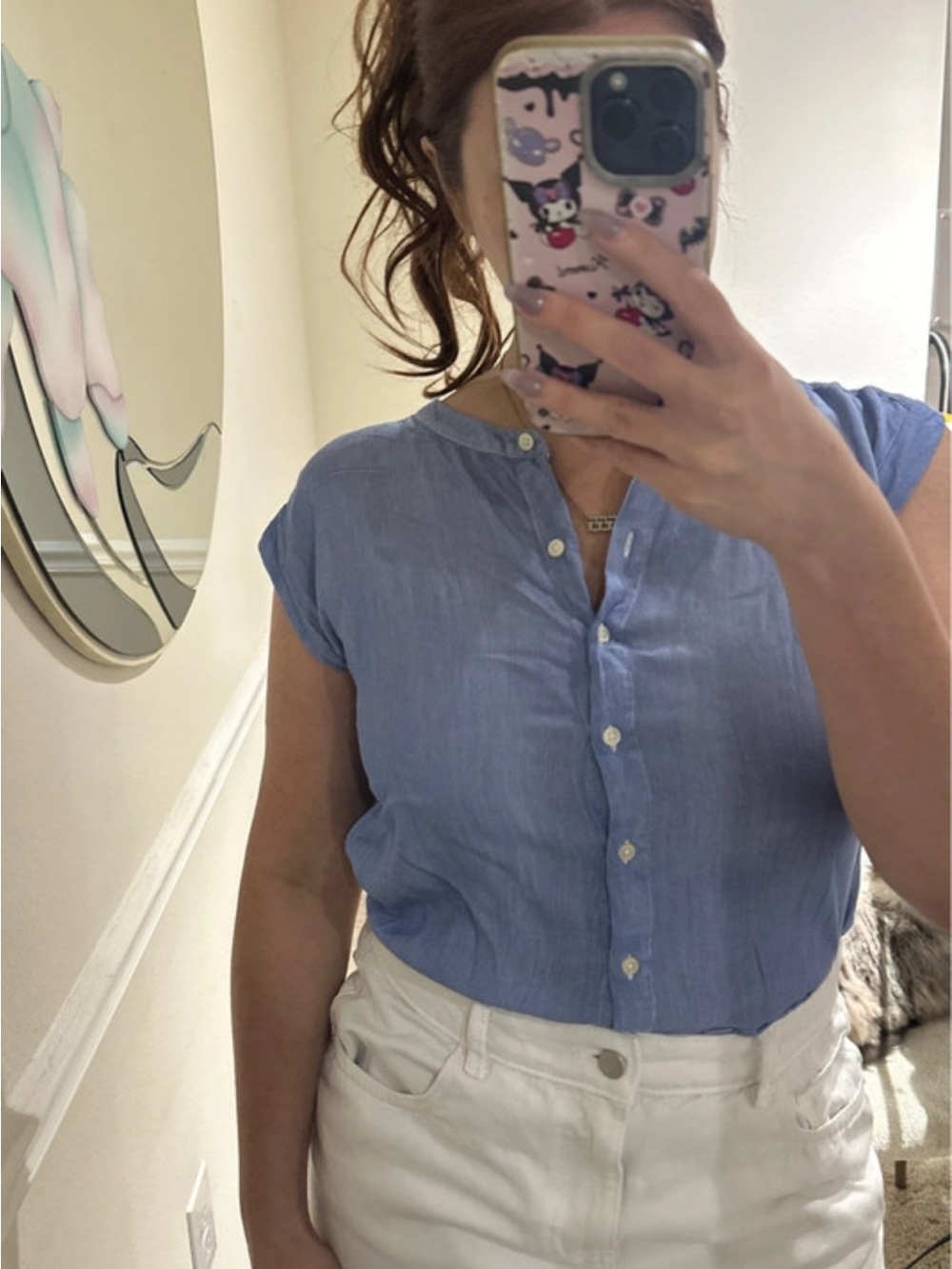 LOFT Light Blue Short-Sleeve Button Front Blouse